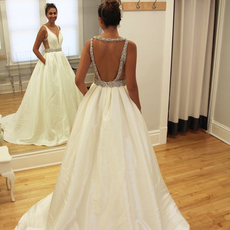 Elegant Ivory A-Line Deep V-Neck Beaded Ruched Long Prom Dress