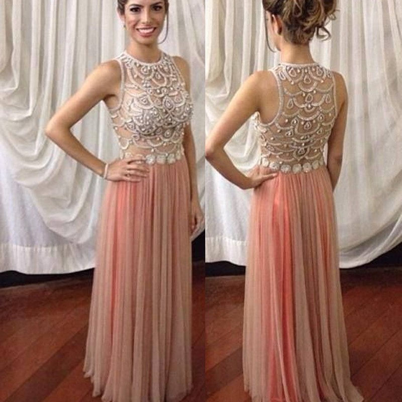 Modern A-Line Jewel Sleeveless Beading Long Prom Dress with Appliques