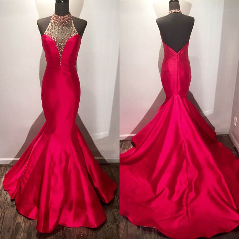 Stylish Red Mermaid Prom Dress - Halter Sleeveless Sweep Train with Beading