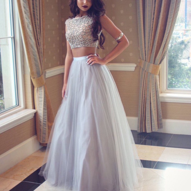 Chic Two Piece Silver Prom Dress - Bateau Cap Sleeves Floor-Length with Beading