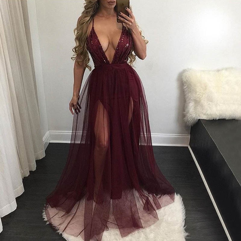 Sexy A-Line Prom Dress - Wine Deep V-Neck Sleeveless Floor-Length Sequins