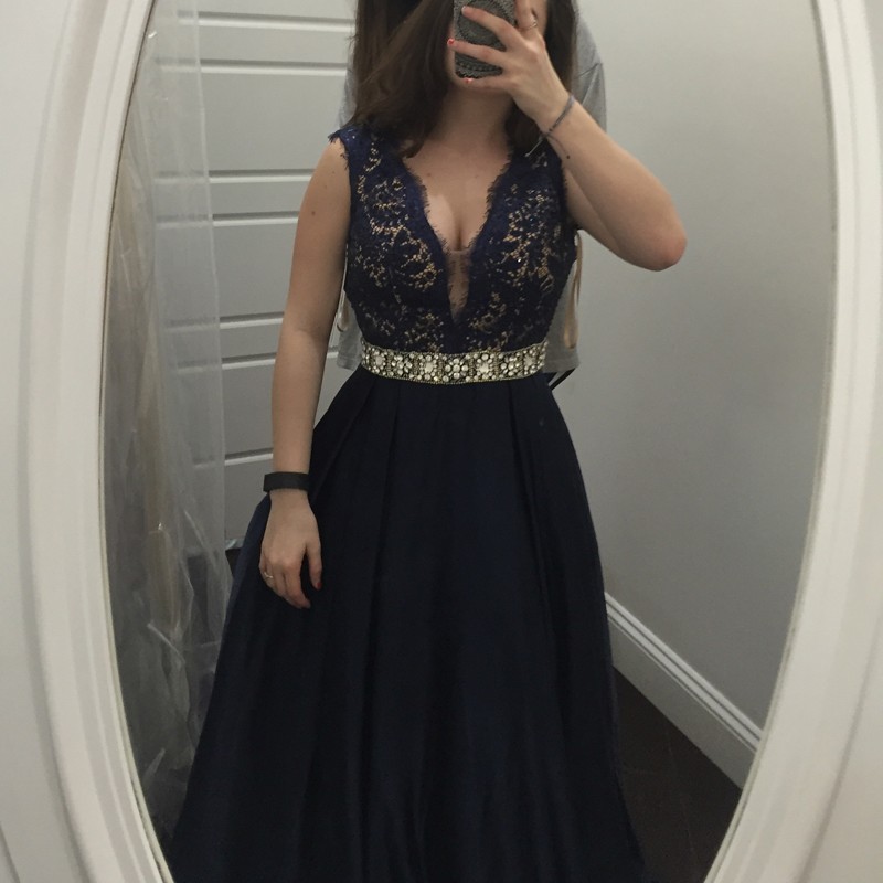 Stunning Navy Blue Prom Dress - V Neck Sleeveless Long with Lace Beaded