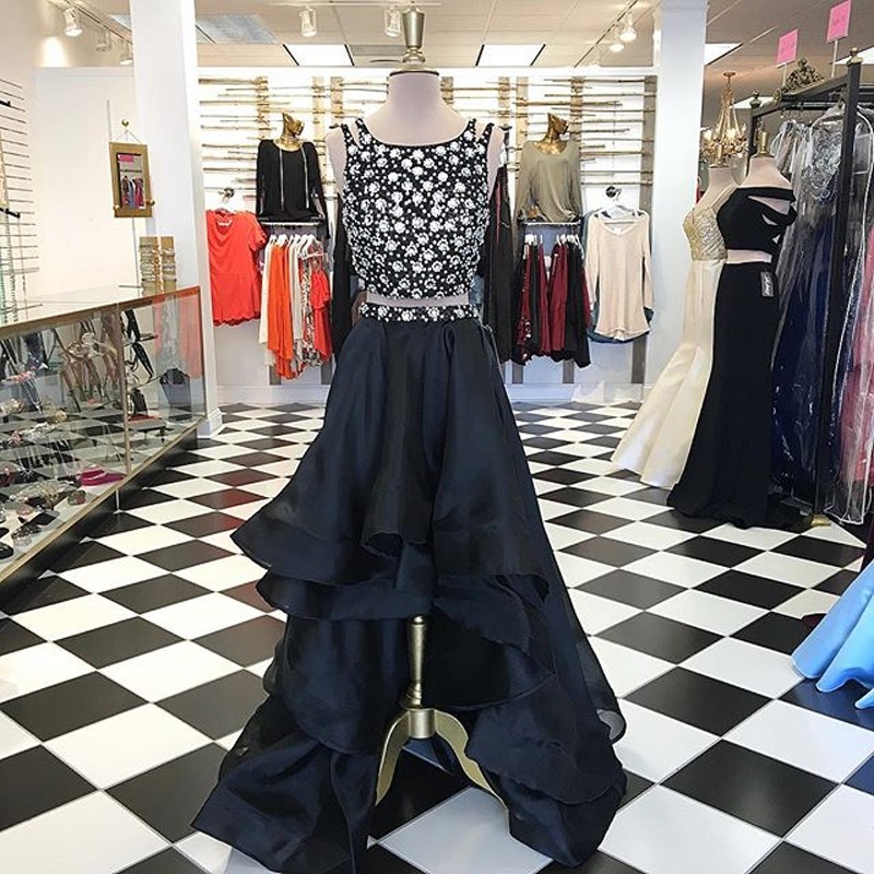 Asymmetrical Two Piece A-Line Black Prom Dress - Crew High Low Tiered Beading