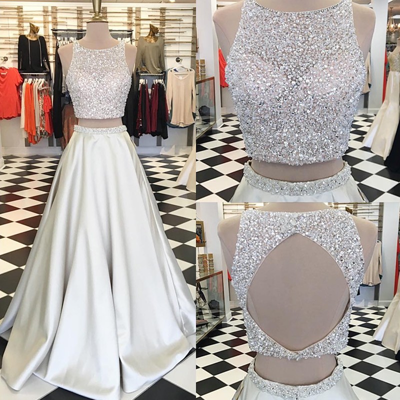 Sparkle Two Piece A-Line Ivory Prom Dress - Crew Sleeveless Floor-Length Beading
