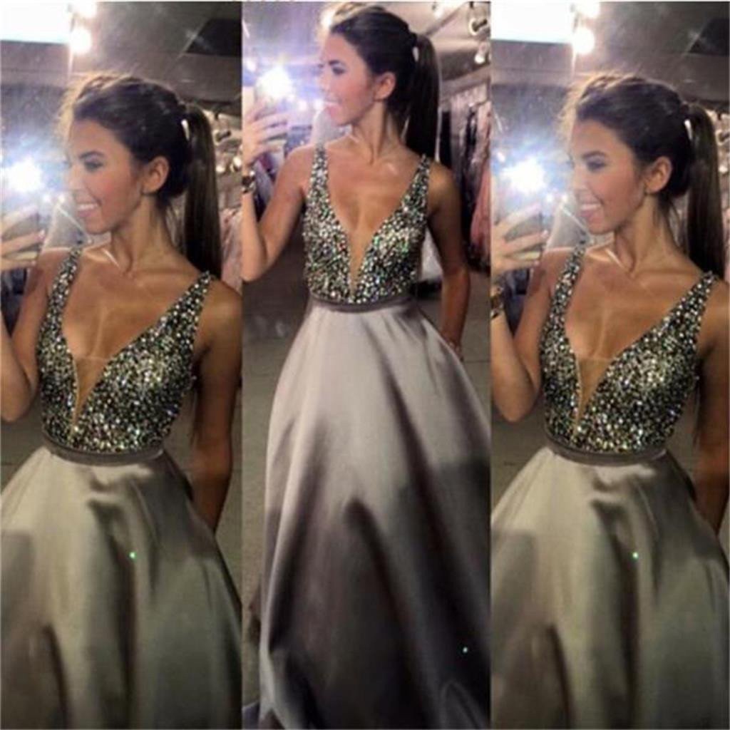Trendy Silver Prom Dress - V Neck Floor Length Beaded with Pockets