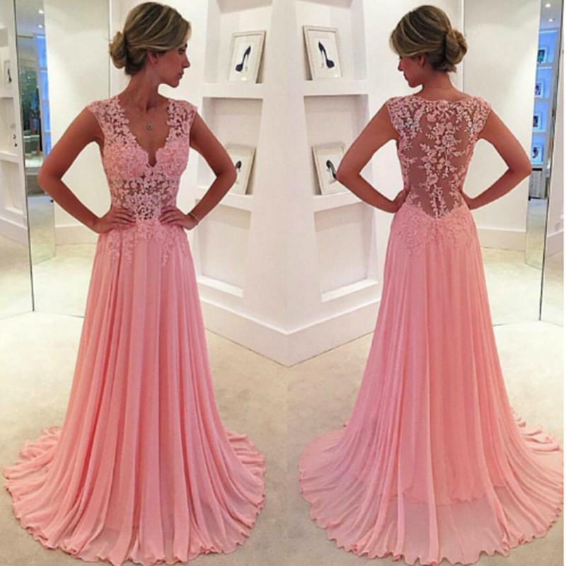 Nice Pink Prom Dress - Scoop Floor Length Pleated with Lace Illusion Back