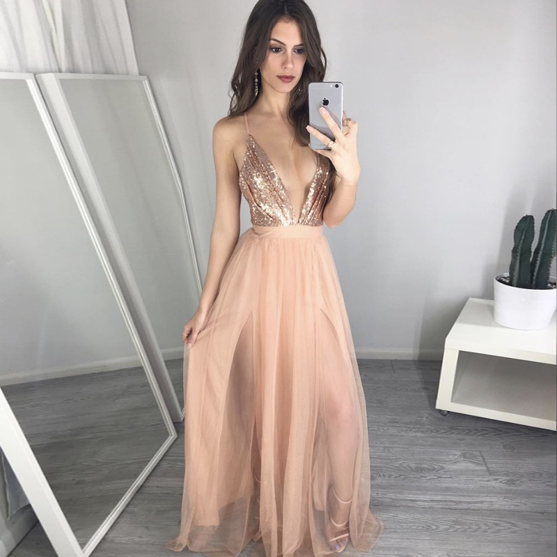 Sexy Pearl Pink Prom Dress - Deep V Neck Illusion Floor Length with Sequins Split