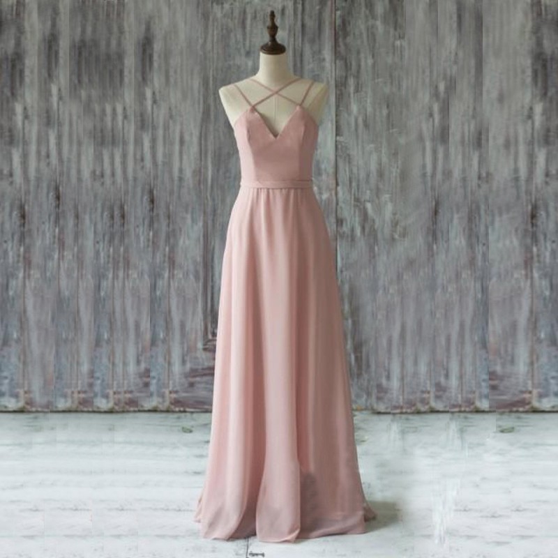 Chic Pink Prom Dress - Floor Length V Neck Sleeveless Criss-Cross Straps