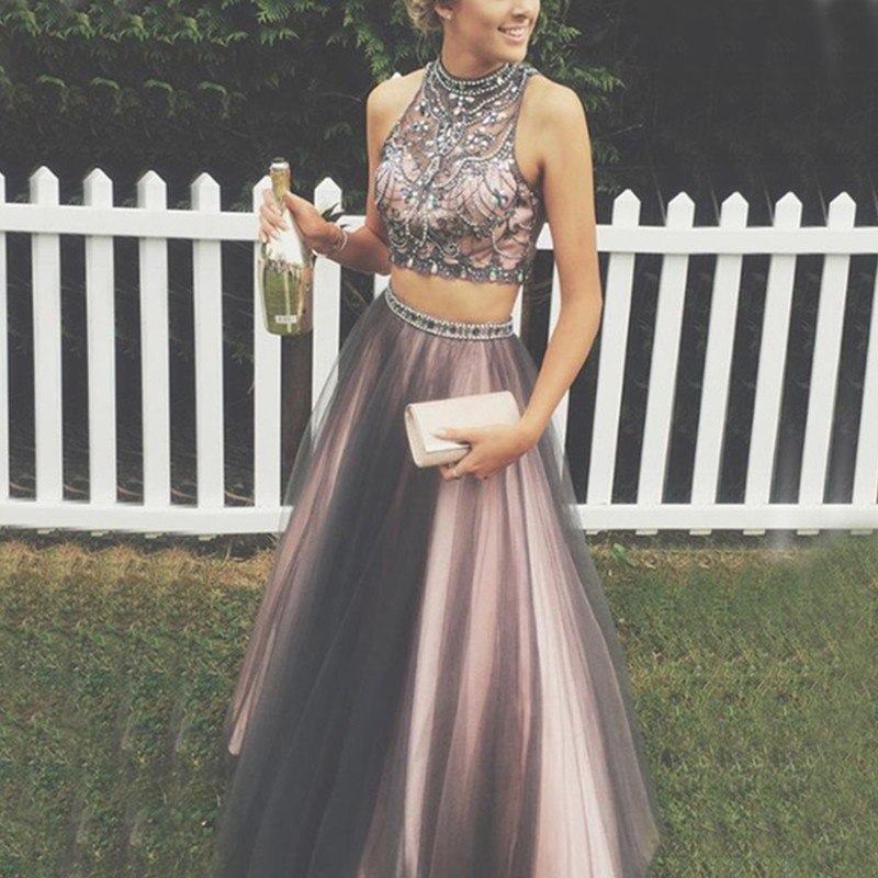 Two Piece Grey Prom Dress - High Neck Sleeveless Floor Length with Beading