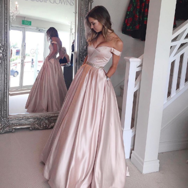 Pearl Pink Pockets Prom Dress - Off Shoulder Floor Length with Beading
