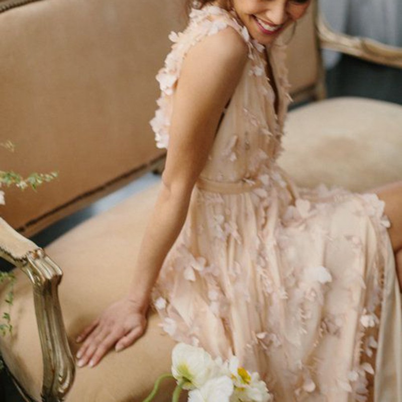 Apricot Deep V Neck Prom Dress - Sleeveless Floor Length with Sash Appliques Split