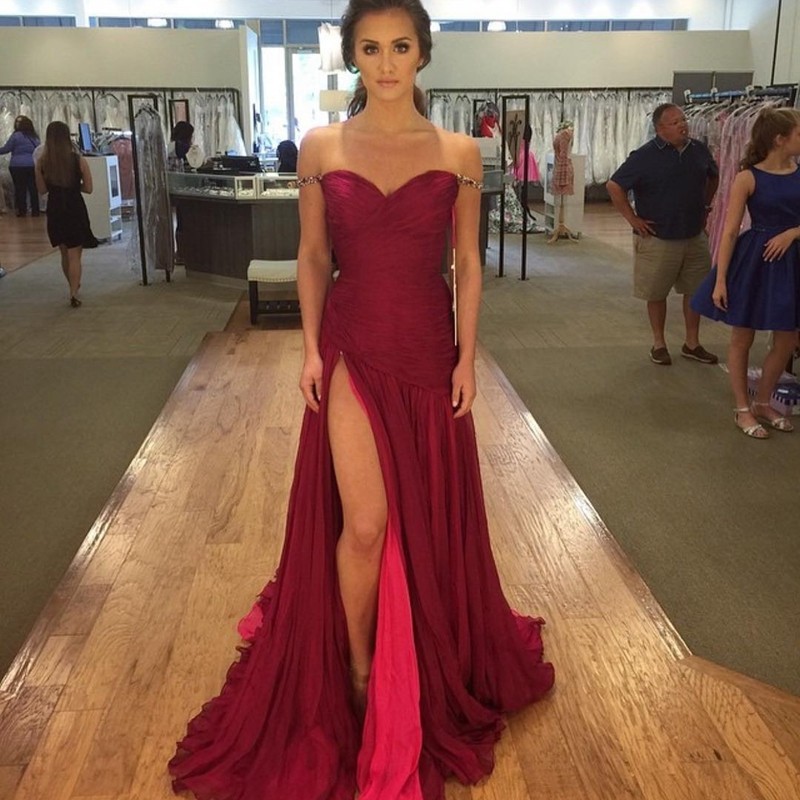 A-line Off the Shoulder Split Sweep Train Burgundy Prom Dress with Beading Pleats