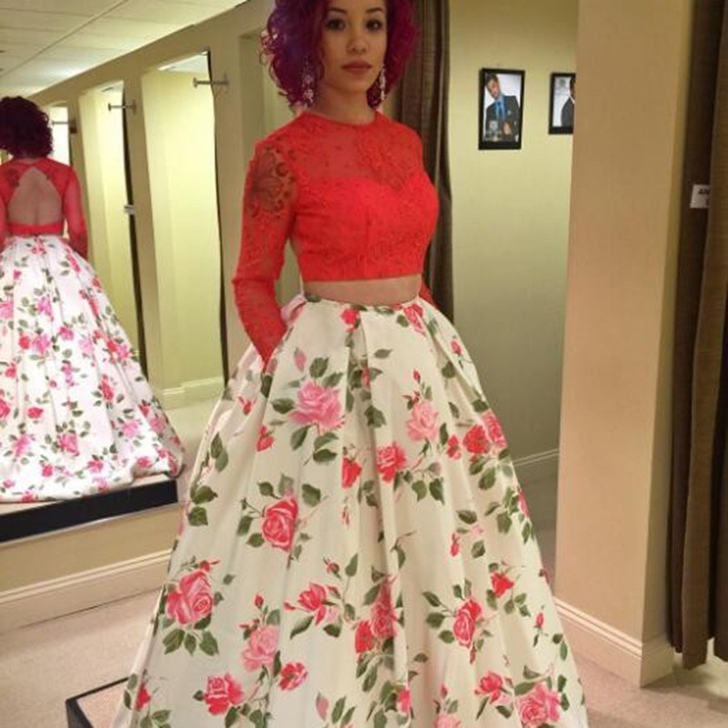 Two Piece Floral Prom Dress - Open Back Long Sleeves Floor-length Beading Lace Pockets