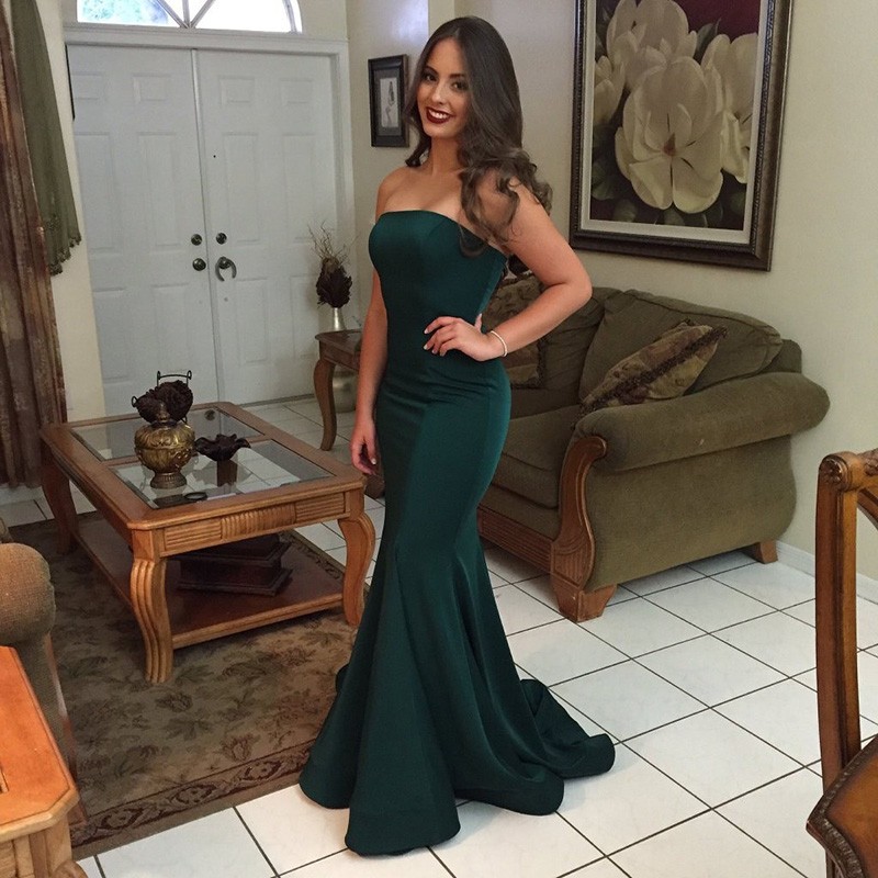 Mermaid Prom Dress - Emerald Strapless Sweep Train Sleeveless Lace-up