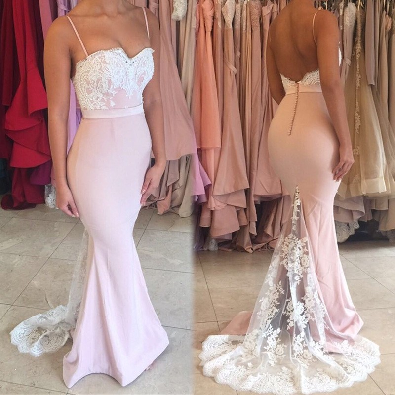 Mermaid Pearl Pink Prom Dress - Spaghetti Straps Backless Sweep Train with Lace