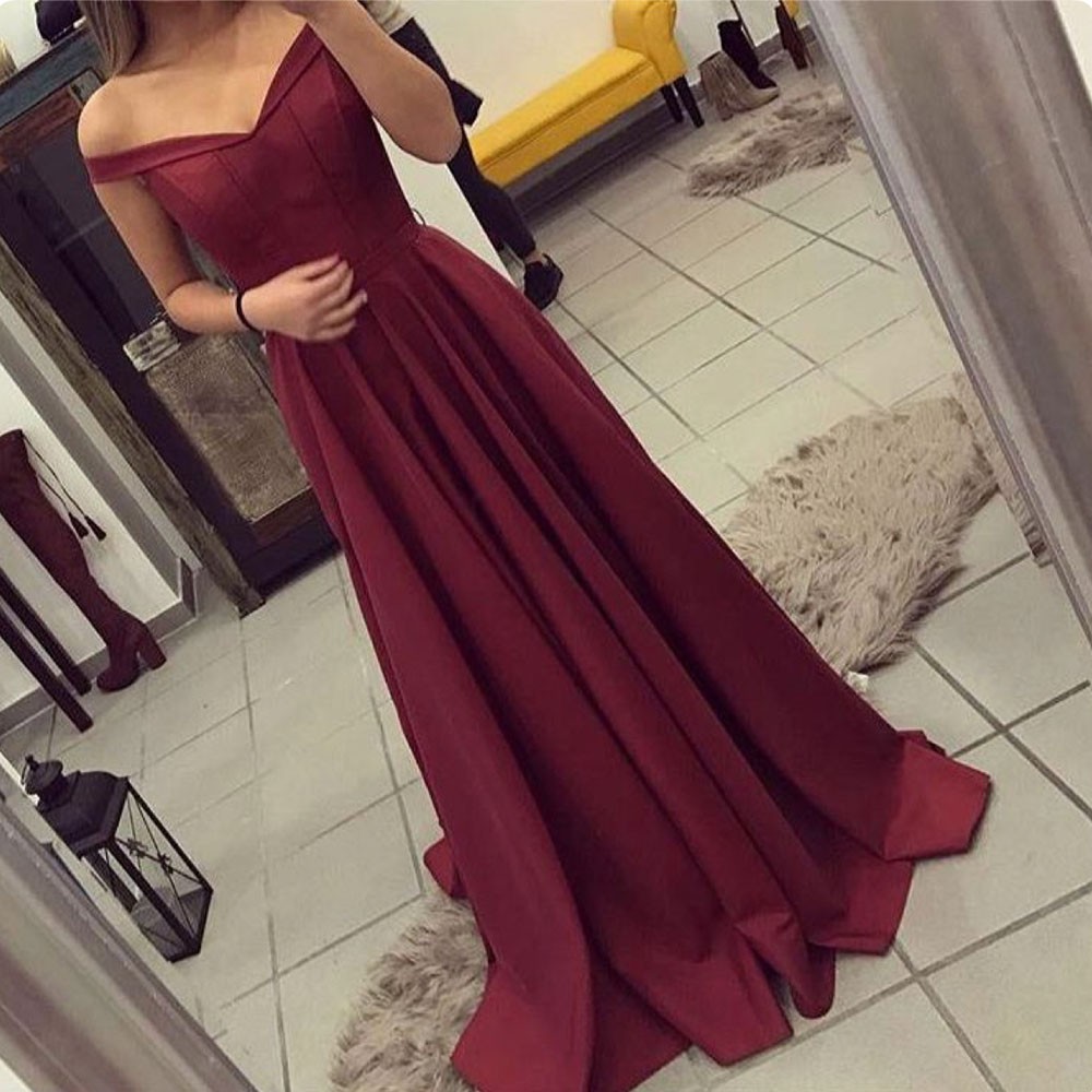 A-Line Off-the-Shoulder Sweep Train Burgundy Satin Prom Dress with Pleats