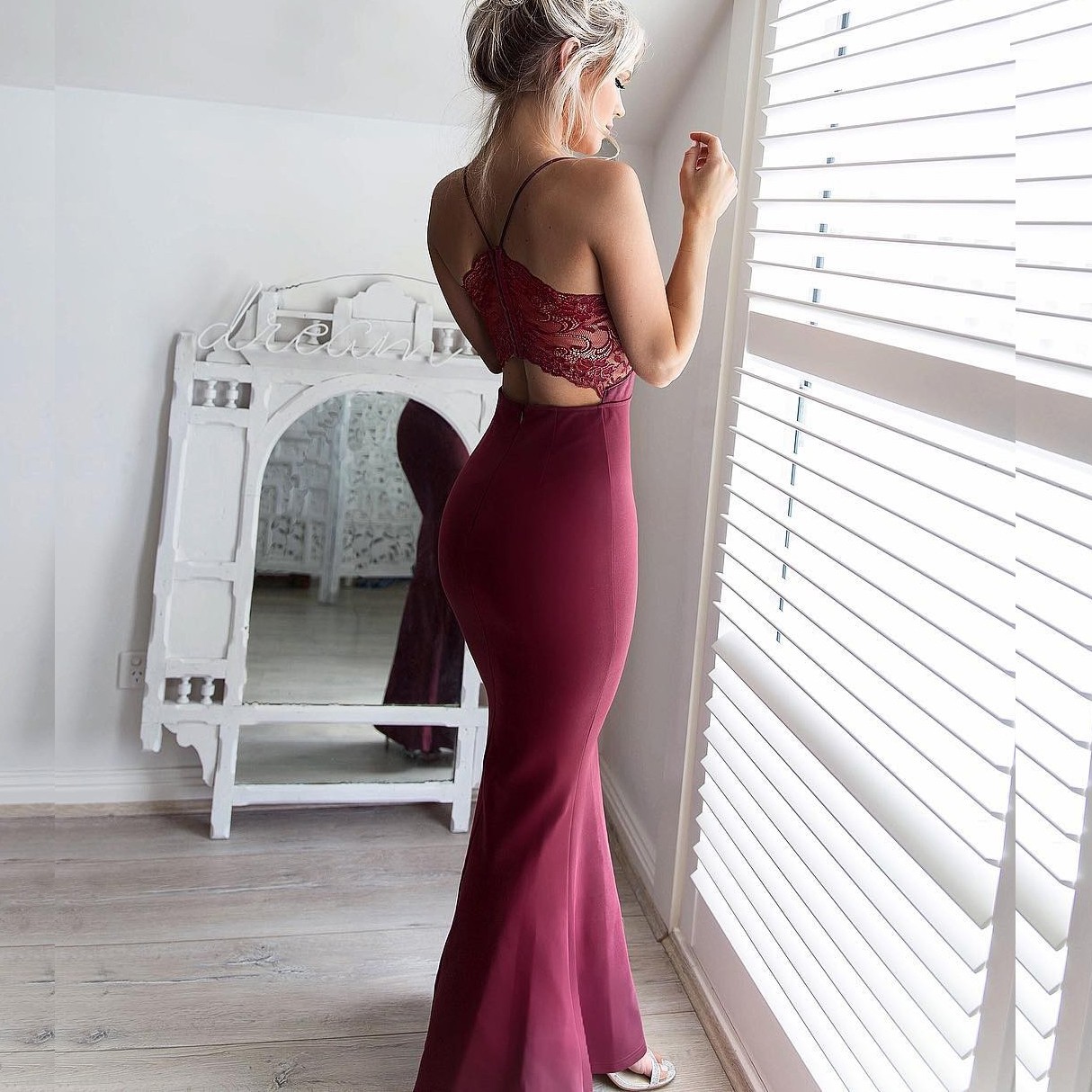 Mermaid Style Long Spaghetti Straps Open Back Prom Dress with Lace Beading