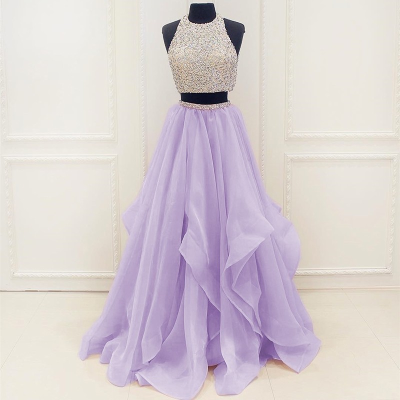 Two Piece Long Open Back Lavender / Mint Prom Dress with Beading