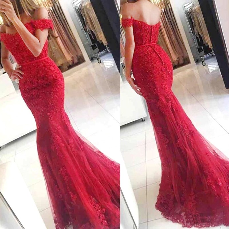 Red Mermaid Style Off-the-Shoulder Long Prom Dress with Beading Appliques Sash