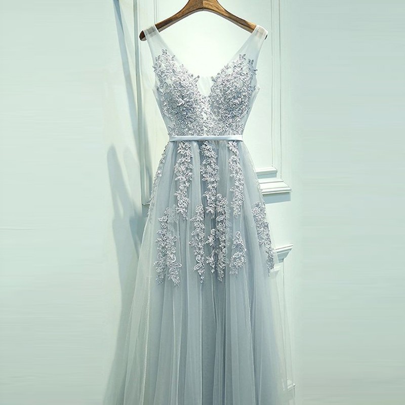 A-Line Scoop Backless Long Light Blue Tulle Prom Dress with Sash Appliques