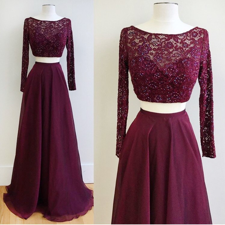 Burgundy Two Piece Bateau Long Sleeves Floor-Length Prom Dress with Beading Lace