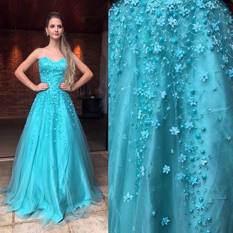 Blue A-line Sweetheart Floor-Length Prom Dress with Beading Flowers Pearls