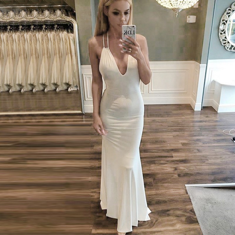 Mermaid Style V-neck Backless Sweep Train White Prom Dress