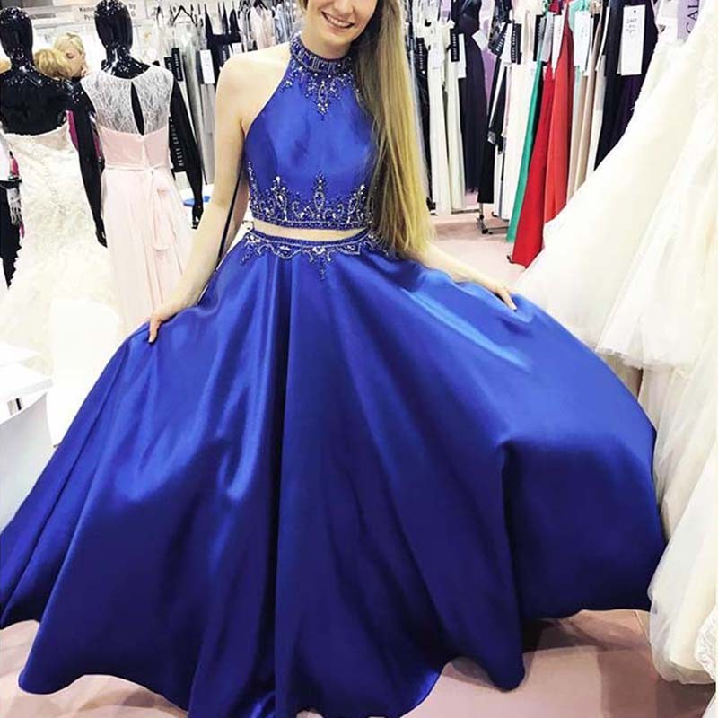 Two Piece Royal Blue Halter Long Prom Dress with Beading Pockets