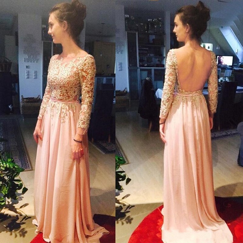 A-line Backless Prom Dress - Sweep Train with Sash Appliques Pearls