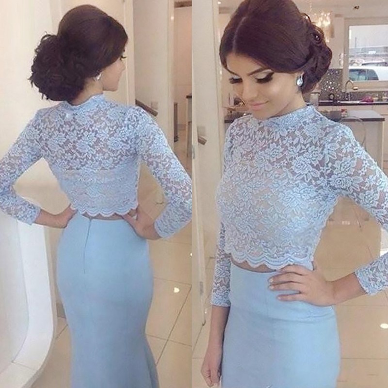 Two Piece Mermaid Prom Dress - Long Sleeves Sweep Train with Lace