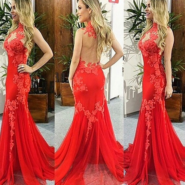 Red Mermaid Prom Dress - High Neck Long Illusion Back with Appliques