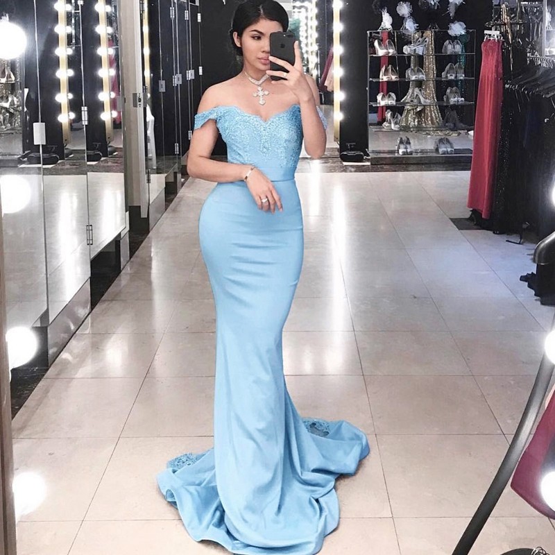 Mermaid Off-the-Shoulder Blue Elastic Satin Prom Dress with Sash Lace