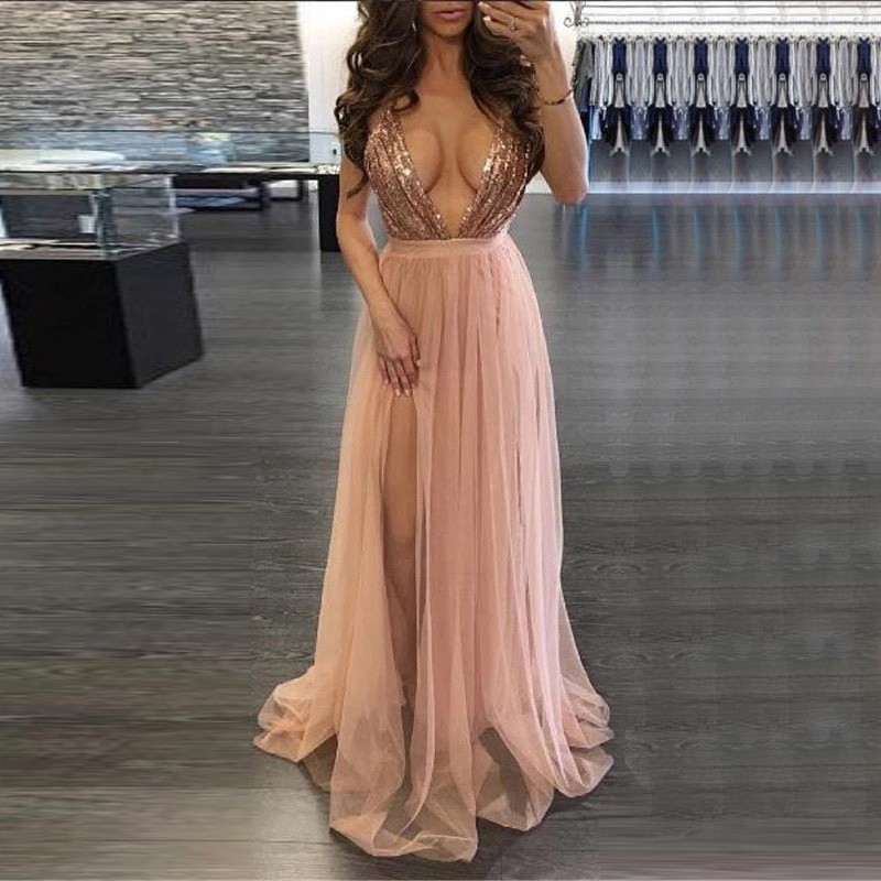 A-Line Deep V-Neck Backless Pink Tulle Prom Dress with Sequins Split