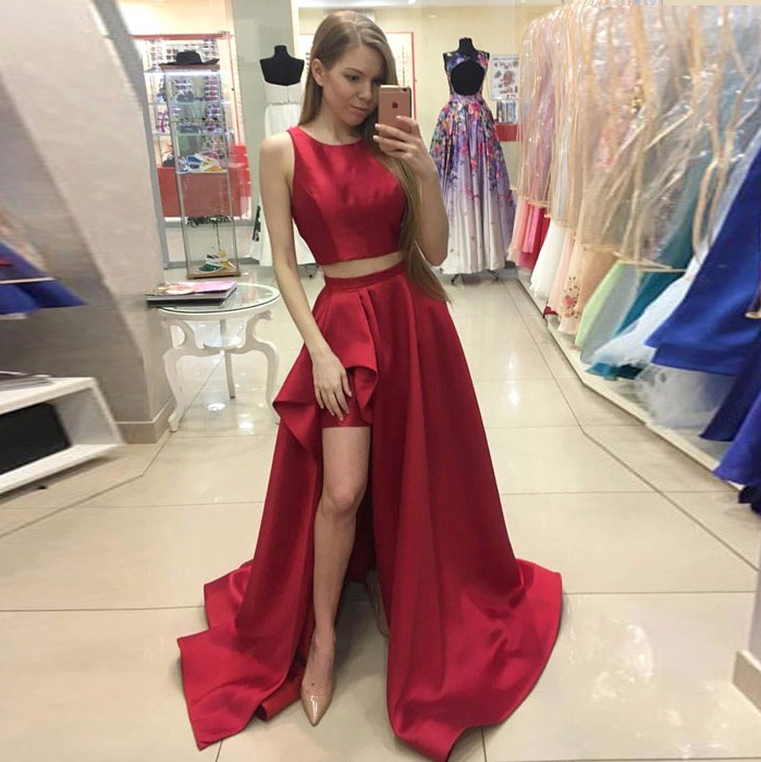 Two Piece Jewel Sweep Train Red Satin Prom Dress with Split