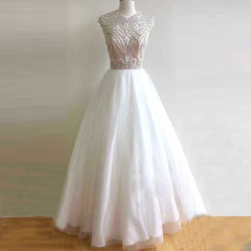 Ball Gown Jewel White Tulle Prom Dress with Beading Open Back