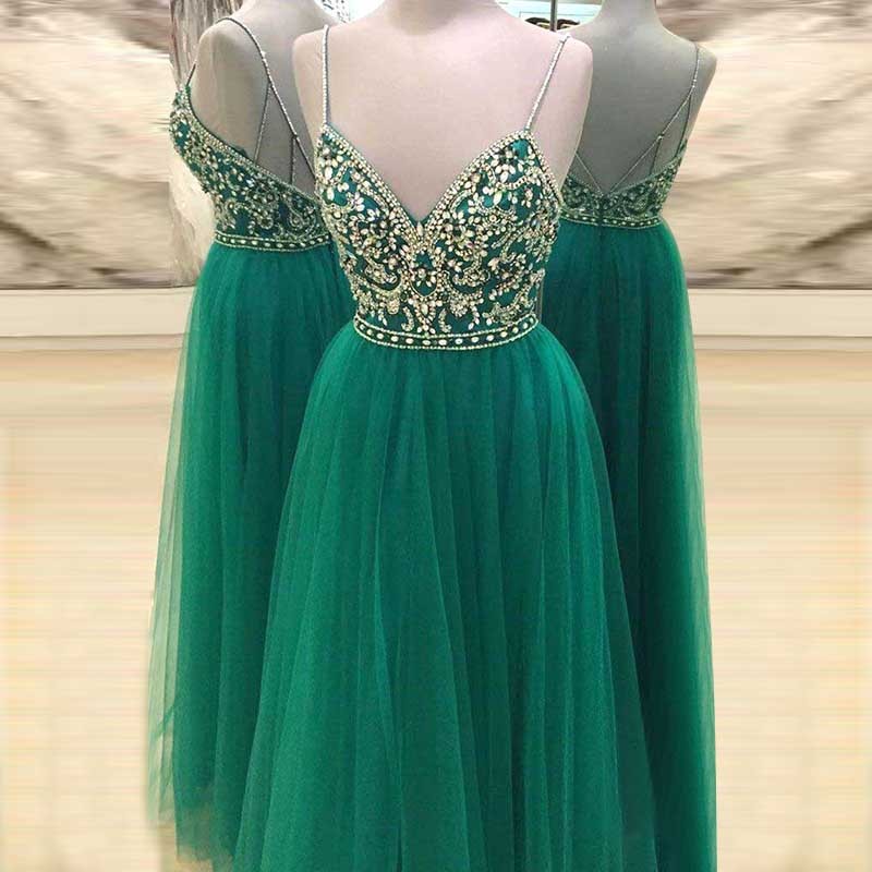 A-Line Spaghetti Straps Backless Dark Green Tulle Prom Dress with Beading