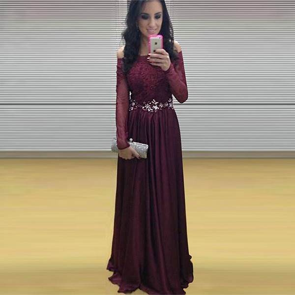 A-Line Off-the-Shoulder Long Sleeves Grape Chiffon Prom Dress with Beading Lace