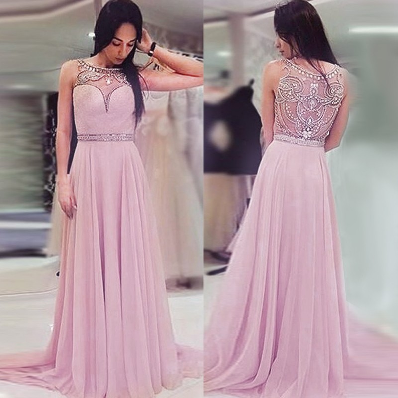 A-Line Bateau Long Pearl Pink Chiffon Prom Dress with Beading Sequins