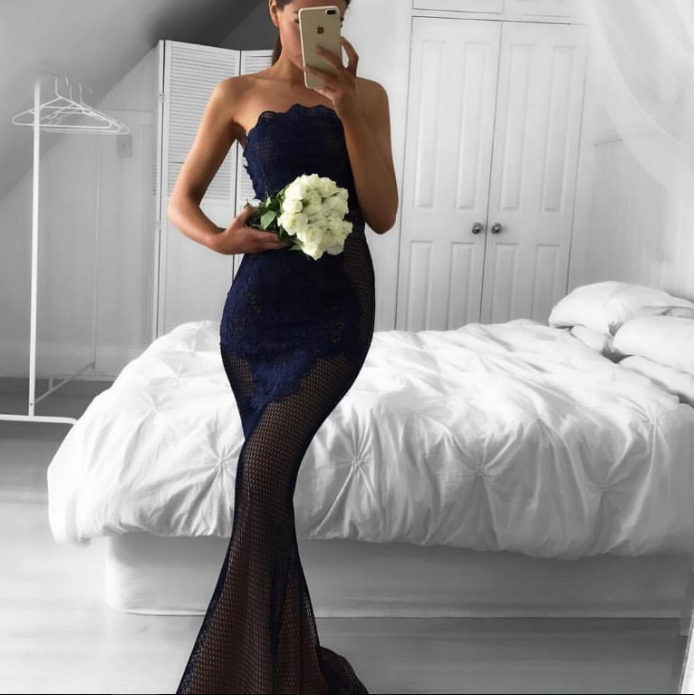 Mermaid Style Strapless Sweep Train Navy Blue Lace Prom Dress with Appliques
