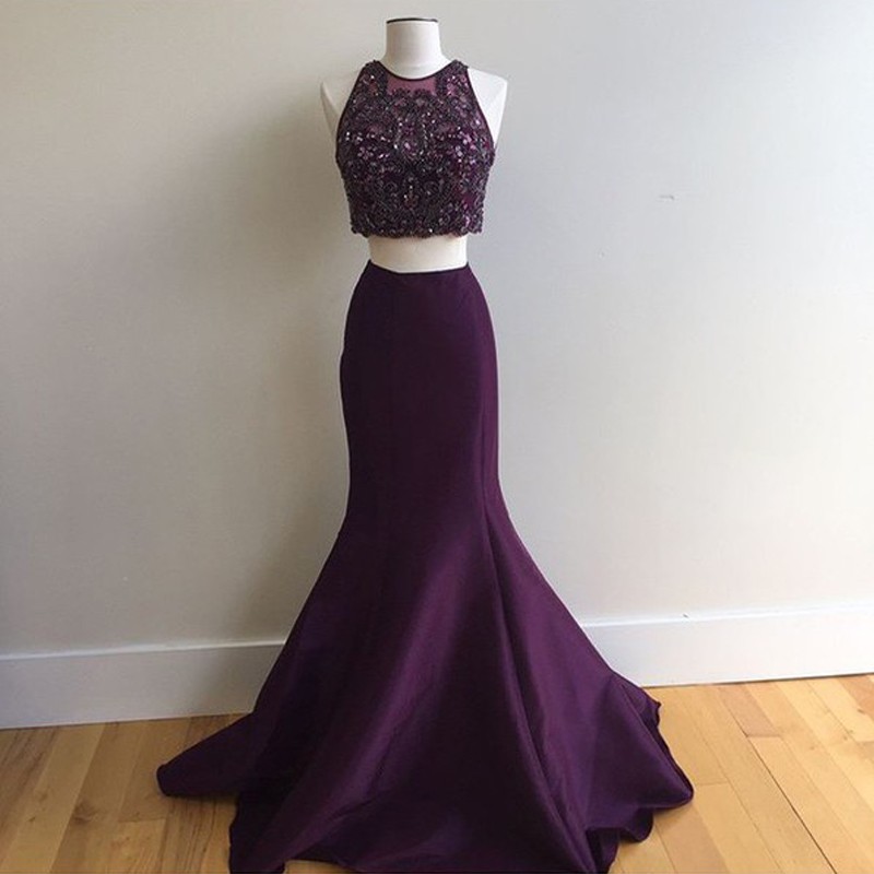 Two Piece Mermaid Jewel Grape Satin Prom Dress with Beading Open Back