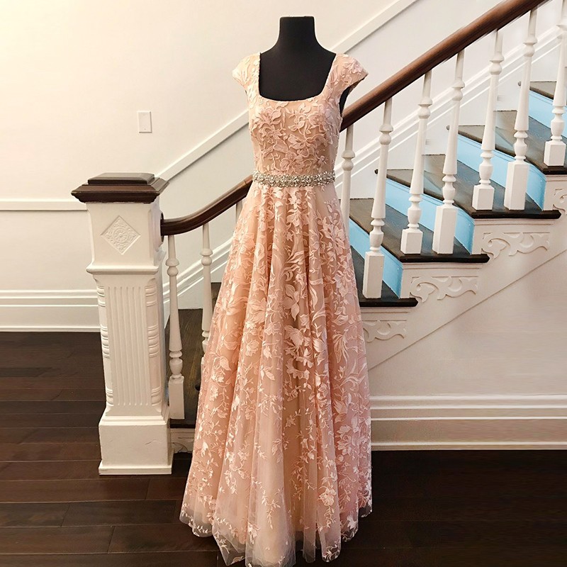 A-Line Square Cap Sleeves Champagne Tulle Prom Dress with Beading Appliques Lace