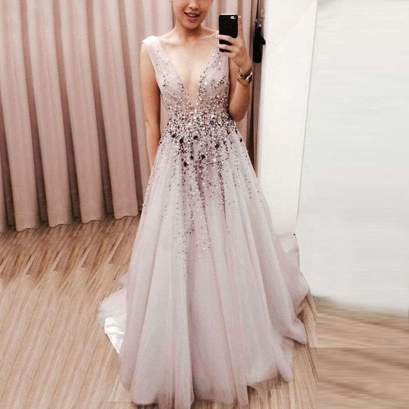 A-Line Deep V-Neck Light Grey Tulle Prom Dress with Beading Rhinestones
