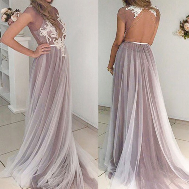 A-Line Round Neck Cap Sleeves Court Train Open Back with Appliques Prom Dress