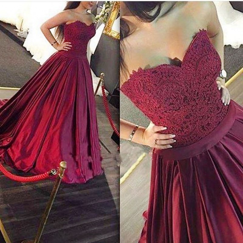 A-Line Sweetheart Sweep Train Maroon Satin Prom Dress with Lace