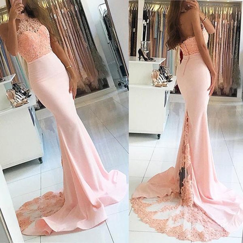 Mermaid Halter Sweep Train Pearl Pink Prom Dress with Beading Lace