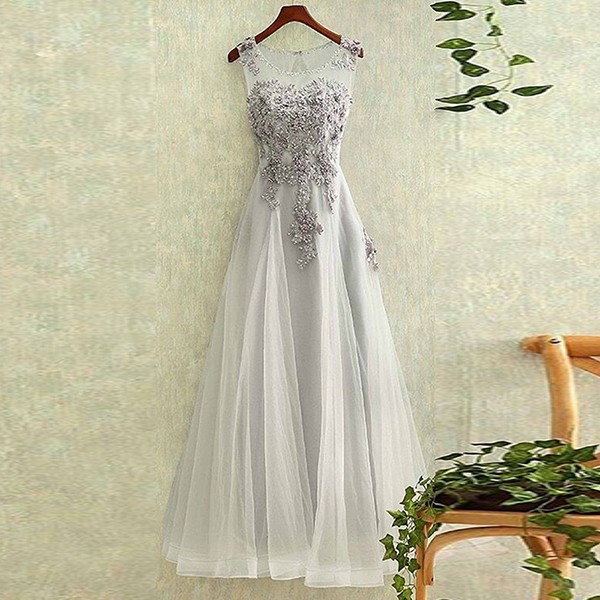 A-Line Bateau Light Grey Tulle Keyhole Back Prom Dress with Beading Appliques
