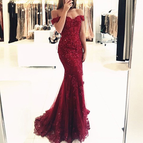Mermaid Off-the-Shoulder Dark Red Tulle Prom Dress with Beading Appliques