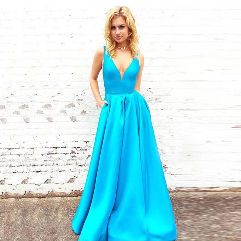 A-Line V-Neck Floor-Length Pleated Blue Satin Prom Dress with Pockets