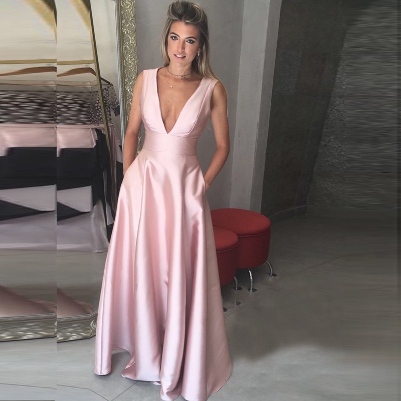 A-Line Deep V-Neck Floor-Length Pink Satin Prom Dress with Pockets