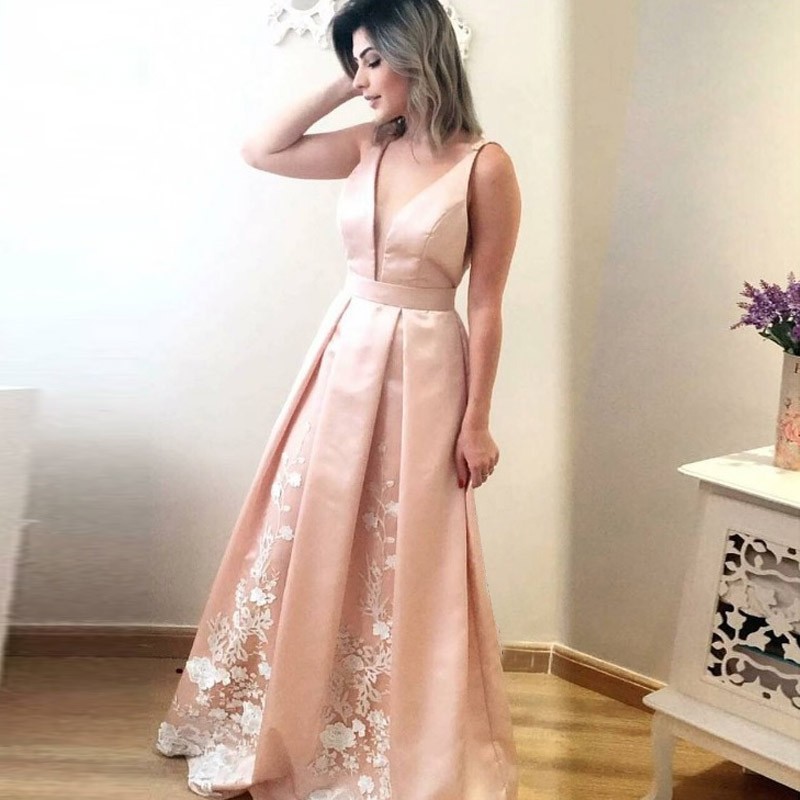 A-Line Deep V-Neck Pearl Pink Satin Prom Dress with Lace Pleats